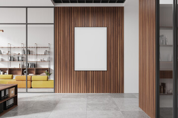 Wooden office room interior with couch and shelf with folders, mockup poster