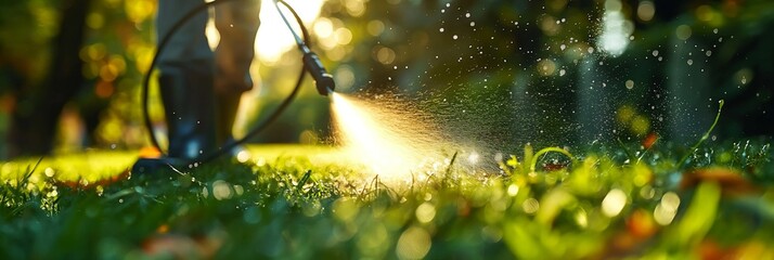 Worker spraying pesticide onto green lawn outdoors, closeup. Pest control