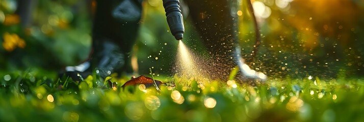 Worker spraying pesticide onto green lawn outdoors, closeup. Pest control