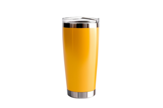 Stainless steel glass,cold mug or insulated tumbler bottle yellow color isolated on transparent background.