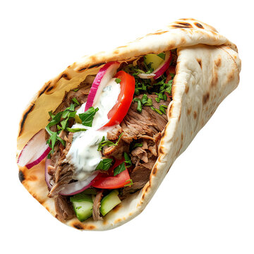 Delicious gyro wrap with tender meat, fresh vegetables, and creamy tzatziki sauce in a soft pita bread. Perfect for a tasty meal.