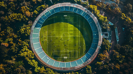 Obraz premium Football stadium. Drone view. Generative AI.