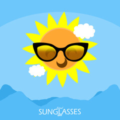 National Sunglasses Day event banner. Smiling sun wearing sunglasses on a sunny day to celebrate on June 27th