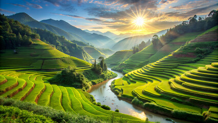 Lush Green Valley with Terraced Rice Paddies