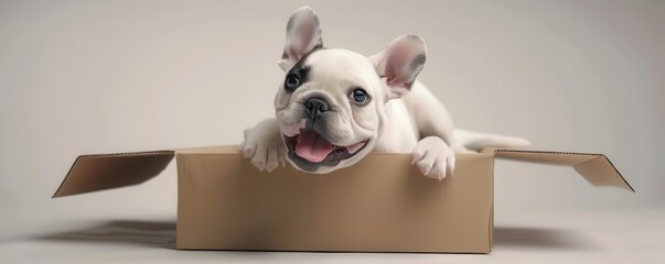France bulldog licking a cardboard box, with a happy expression