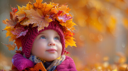 Fototapeta premium Child wearing crown of autumn leaves warm red hat, looking up curious expression amidst fall colors