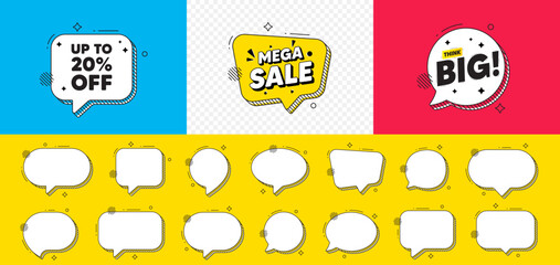 Up to 20 percent off sale. Mega sale chat speech bubble. Discount offer price sign. Special offer symbol. Save 20 percentages. Discount tag chat message. Think big speech bubble banner. Vector