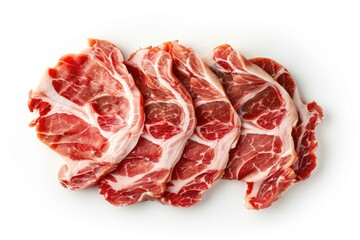 sliced raw pork meat isolated on white background. Top view. Flat lay