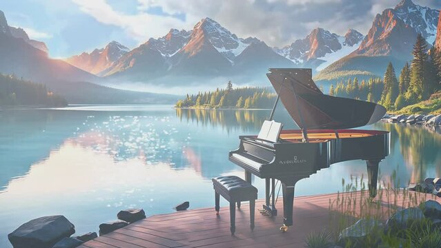 Grand piano set by a serene mountain lake with picturesque mountains in the background, creating a tranquil and artistic atmosphere. Nature and music harmony concept