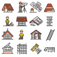 Comprehensive set of roofing maintenance icons, including inspection, cleaning, and repair symbols in thin line art