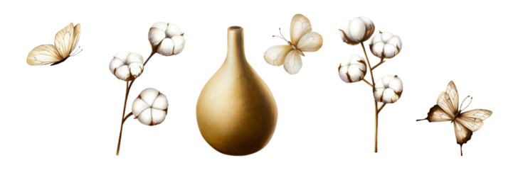 Realistic set with beige antique ceramic vase, cotton flowers, butterflies. Watercolor hand drawn boho plants isolated on background. Christmas, winter, and wedding illustration. For designers, invita