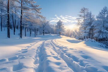 Winter Wonderland Sunrise, Snow-Covered Path Through Frosty Forest Ideal for Nature Posters, Holiday Cards, and Winter-Themed Designs