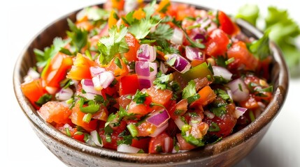 Colorful cooked salsa with chunks of tomatoes, onions, chilies, and cilantro, top view on a white background, illuminated by studio lighting