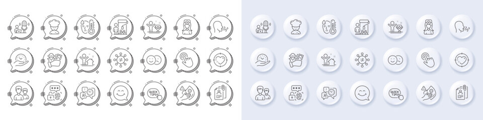 Oculist doctor, Fraud and Cooking chef line icons. White pin 3d buttons, chat bubbles icons. Pack of Fever, Dirty mask, Time management icon. Quick tips, Safe time, Cursor pictogram. Vector