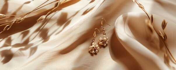 A pair of elegant beige cloth earrings displayed against a neutral background, with ample space for text or design elements