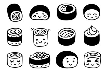 Sushi Funny Kawaii Japanese Food Doodle Icons Set