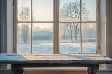 A simple table by a frosted window, revealing a serene winter countryside