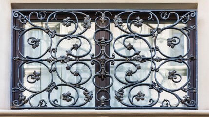 Intricate design of ornamental wrought iron window grill Abstract architectural element on exterior Close up of iron bars in window against bright outdoor backdrop