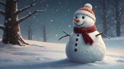 a snowman with a hat and scarf is standing in the snow.