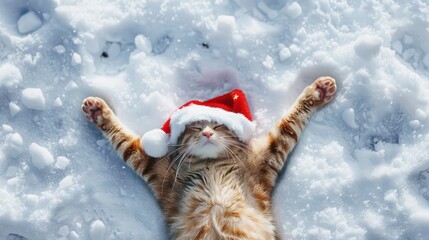 Joyful feline in red Santa hat creating snow angel on snow with space for text