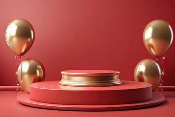 Happy birthday blank podium with gold and red balloons and a celebratory atmosphere on a red background.