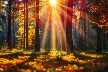 Autumn Forest Sunrise: Sunburst Through Trees in a Serene Woodland Setting - Perfect for Nature Prints, Cards, Posters