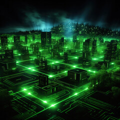Obraz premium A digital cityscape. An aerial view of a futuristic city illuminated by glowing green lines, representing the interconnected network of Artificial Intelligence
