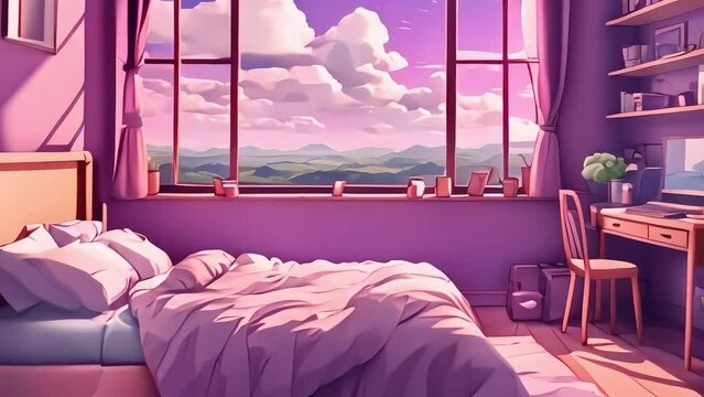 animated virtual backgrounds landscape, stream overlay loop wallpaper, pink cozy lo-fi bedroom, vtuber asset twitch zoom OBS screen, anime chill hip hop.
