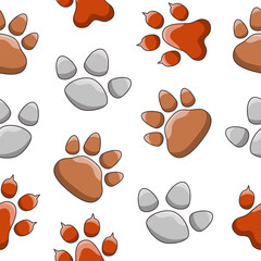Fototapeta premium Animal paw print. Seamless pattern. Different traces of wildlife. Vector drawing. Design ornaments.