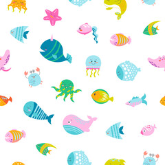Obraz premium Cartoon aquatic animals. Seamless pattern. Fish characters underwater world. Marine life. Vector drawing. Design ornaments.