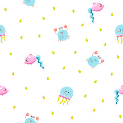 Cartoon aquatic animals. Seamless pattern. Fish characters underwater world. Marine life. Vector drawing. Design ornaments.