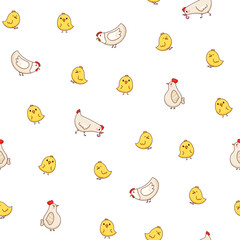 Hen rooster and chick. Seamless pattern. Cute chicken farm characters. Vector drawing. Design ornaments.
