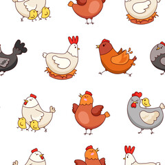 Hen rooster and chick. Seamless pattern. Cute chicken farm characters. Vector drawing. Design ornaments.