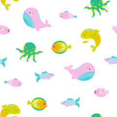 Cartoon aquatic animals. Seamless pattern. Fish characters underwater world. Marine life. Vector drawing. Design ornaments.