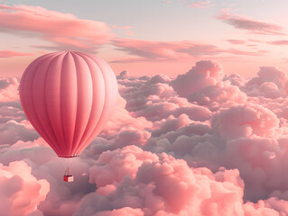 Obraz premium A hot air balloon floats in a pink sky, with clouds in the background.