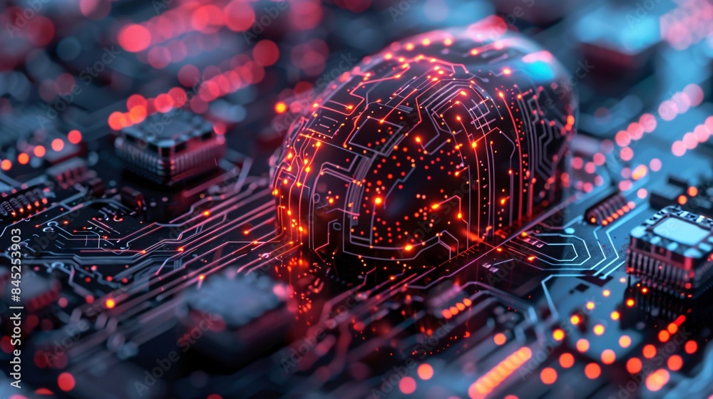 Poster documentary style illustration of a machine learning process featuring artificial intelligence, deep