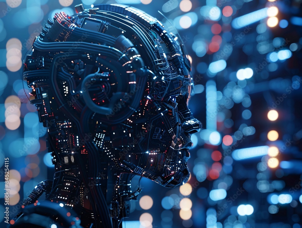 Poster documentary style illustration of a machine learning process featuring artificial intelligence, deep