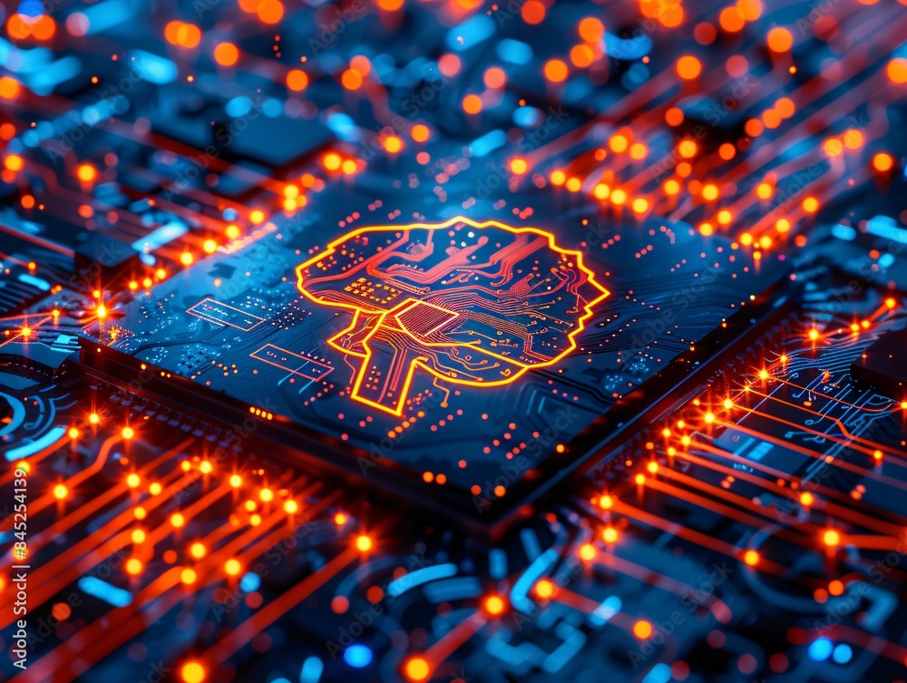 Poster editorial style illustration of a machine learning process featuring artificial intelligence, deep d