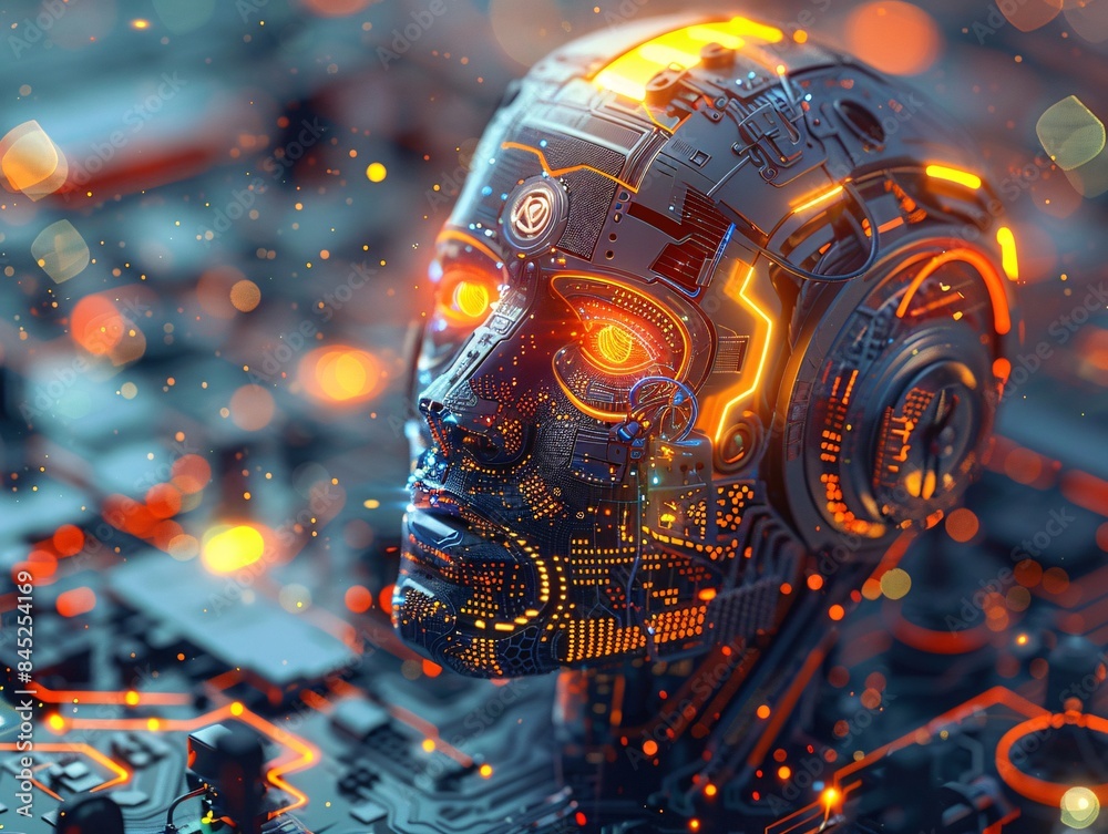 Poster magazine style illustration of a machine learning process featuring artificial intelligence, deep da
