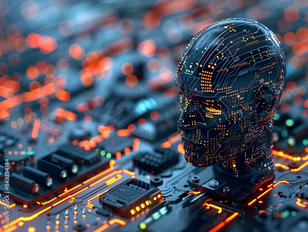 Poster magazine style illustration of a machine learning process featuring artificial intelligence, deep da