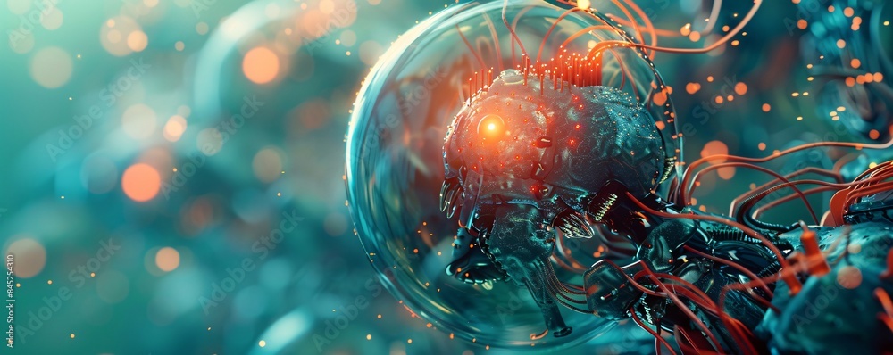 Poster magazine style illustration of a machine learning process featuring artificial intelligence, deep da
