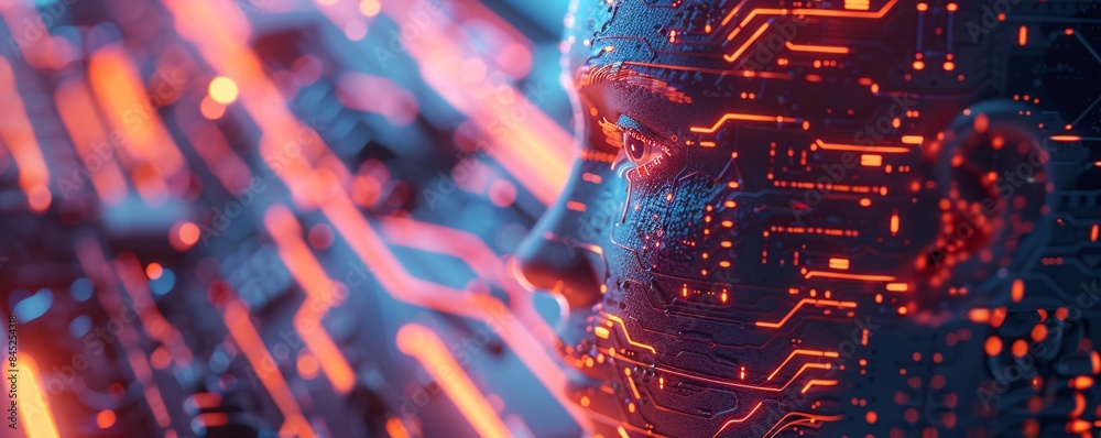 Poster magazine style illustration of a machine learning process featuring artificial intelligence, deep da