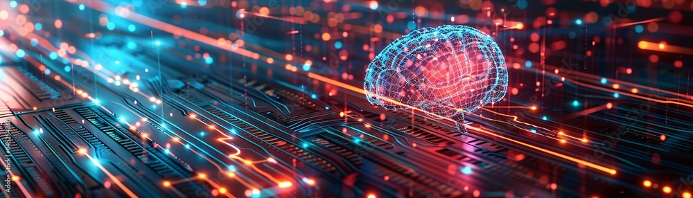 Poster editorial style illustration of a machine learning process featuring artificial intelligence, deep d