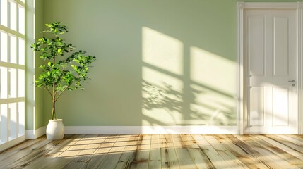 Fototapeta premium Modern style empty green room with wood laminate floor window sun light effect with white ceramic vase of green plant on the left and white door on the right. 