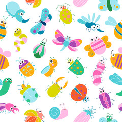Cute insects cartoon characters. Seamless pattern. Funny small animals. Vector drawing. Design ornaments.