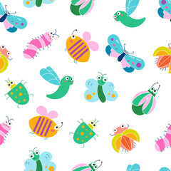 Cute insects cartoon characters. Seamless pattern. Funny small animals. Vector drawing. Design ornaments.