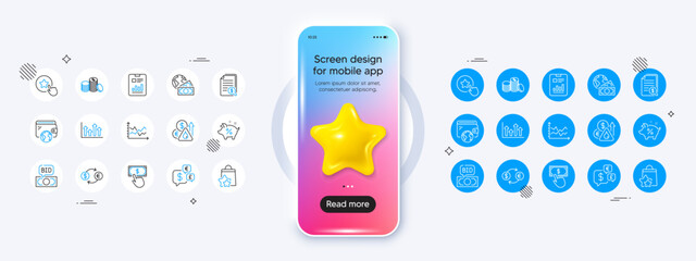 Bid offer, Payment click and Diagram chart line icons. Phone mockup with 3d star icon. Pack of Report document, Loan percent, Upper arrows icon. Loyalty star, Wallet, Banking money pictogram. Vector