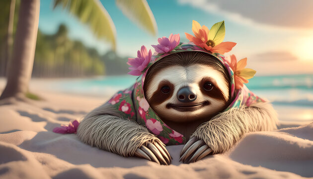 faultier, liegt, relaxt, am, strand, mit, Blumenkette, neu, close up, hawaii, Hawaiianische, kette, palmen, meer, gestalten, urlaub, sonne, sommerlich, cartoon, surreal, bizarre, cool, chillig, chill,