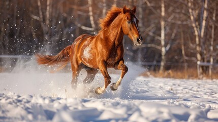Obraz premium Energetic and fit chestnut gelding horse galloping in snowy winter