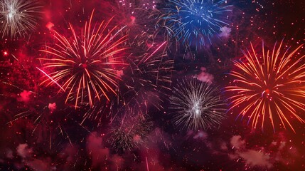 Fototapeta premium Explosive Red and Blue Fireworks Display Night Sky